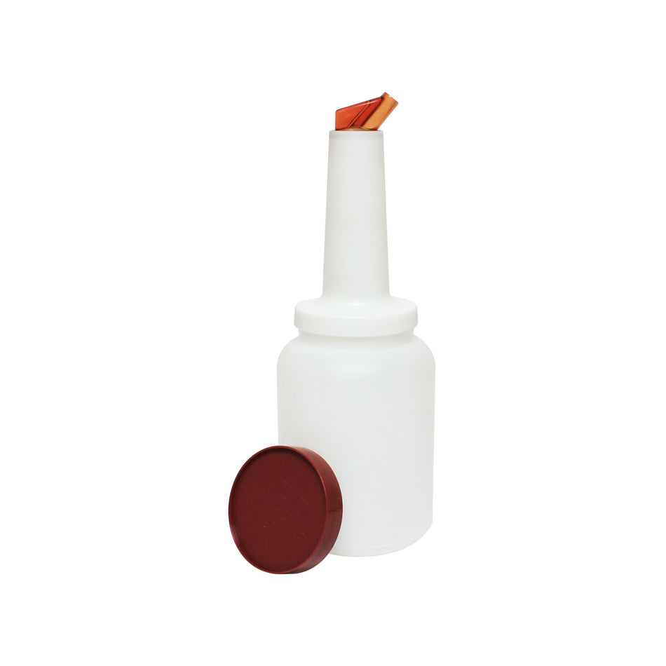 4-1/8" x 4-5/8" x 13-3/4", 2 qt Liquor Storer and Pour Bottle, Brown Color, Acrylonitrile Butadiene Styrene Pourer, Polypropylene Neck & Lid with High-Density Polyethylene Body