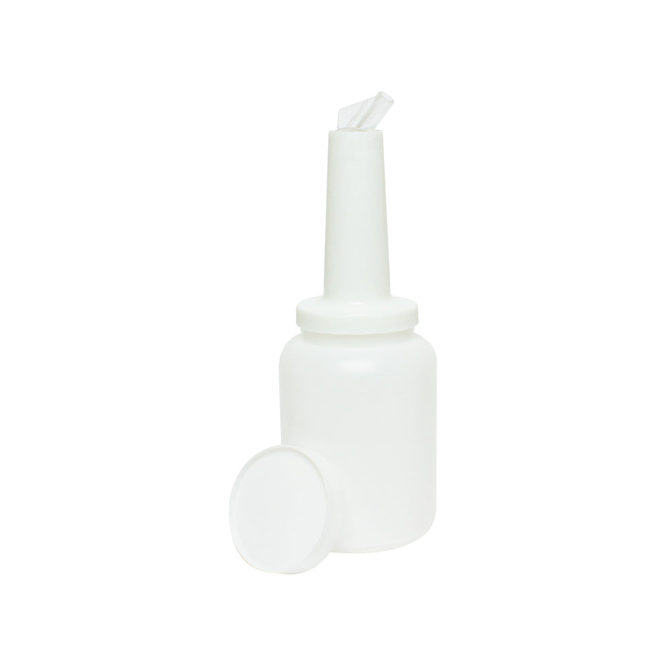 4-1/8" x 4-5/8" x 13-3/4", 2 qt Liquor Storer and Pour Bottle, White Color, Acrylonitrile Butadiene Styrene Pourer, Polypropylene Neck & Lid with High-Density Polyethylene Body
