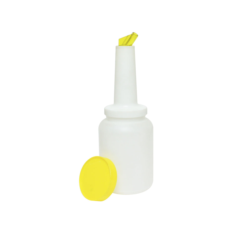 4-1/8" x 4-5/8" x 13-3/4", 2 qt Liquor Storer and Pour Bottle, Yellow Color, Acrylonitrile Butadiene Styrene Pourer, Polypropylene Neck & Lid with High-Density Polyethylene Body