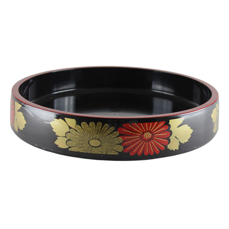 Thunder Group PLSPT1102 11-3/4 Inch Round Sushi Party Tray Black ABS Plastic with Flower Pattern Red Trim