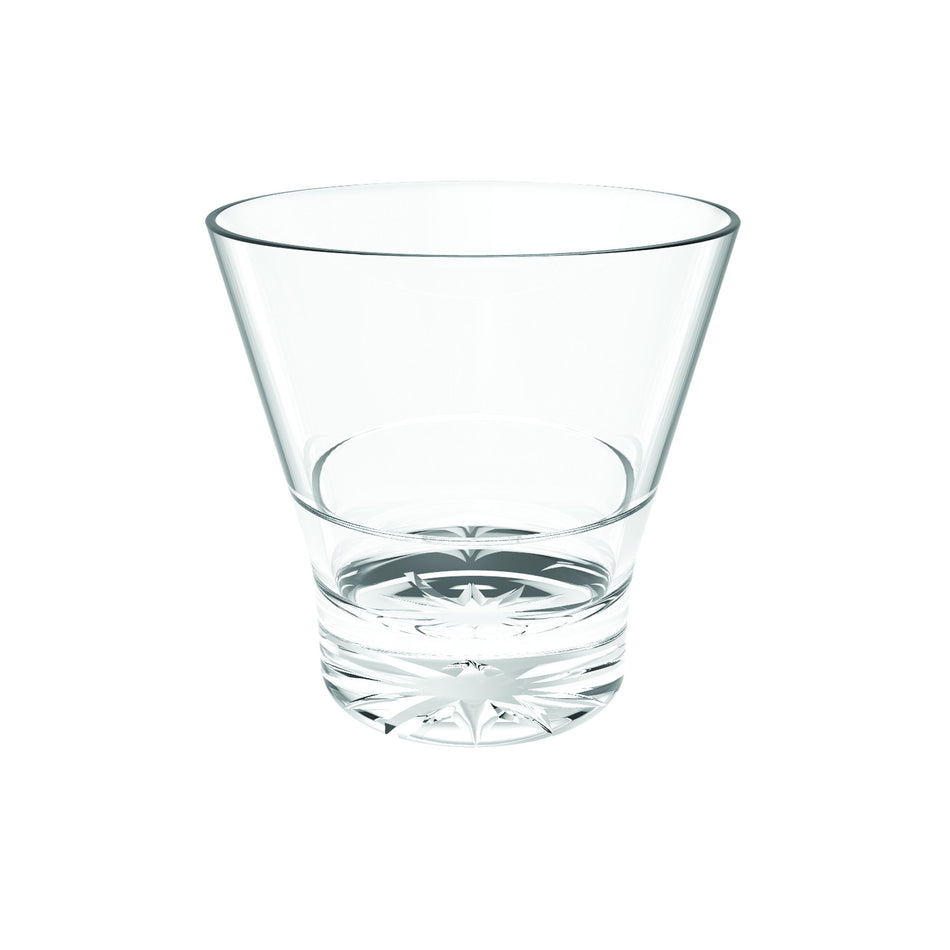 10 oz V-Shape Rock Glass, Clear Color, Polycarbonate, Starburst Heavy Base, Inline Stacking Style, Patented, Dishwasher Safe, Break-Resistant, Shatter-Resistant, No Microwave, No Oven