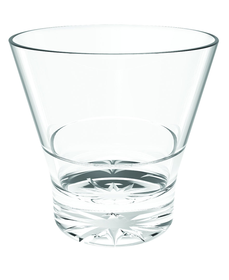 12 oz V-Shape Rock Glass, Clear Color, Polycarbonate, Starburst Heavy Base, Inline Stacking Style, Patented, Dishwasher Safe, Break-Resistant, Shatter-Resistant, No Microwave, No Oven
