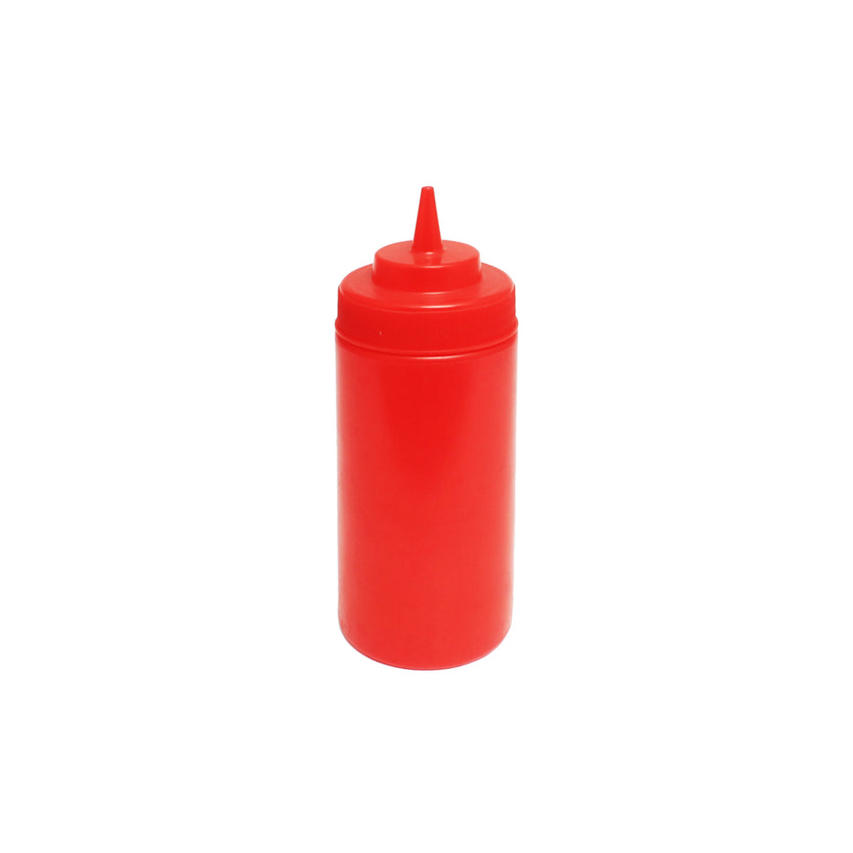 16 oz, 2-3/4" Diameter x 7-5/8" Height, Wide-Mouth Squeeze Bottle, Red Color (6PC/PK), Polyethylene Bottle with Polypropylene Cap, Temperature withhold for Cap: 194˚F, Easy Cleaning and Refilling, Temperature withhold for Bottle: 158˚F