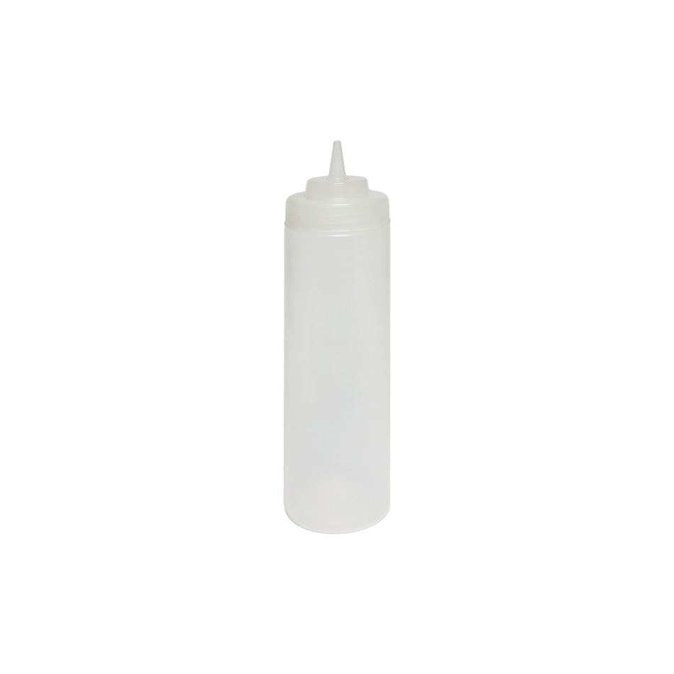 24 oz, 2-3/4" Diameter x 9-3/8" Height, Wide-Mouth Squeeze Bottle, Clear Color (6PC/PK), Polyethylene Bottle with Polypropylene Cap, Temperature withhold for Cap: 194˚F, Easy Cleaning and Refilling, Temperature withhold for Bottle: 158˚F