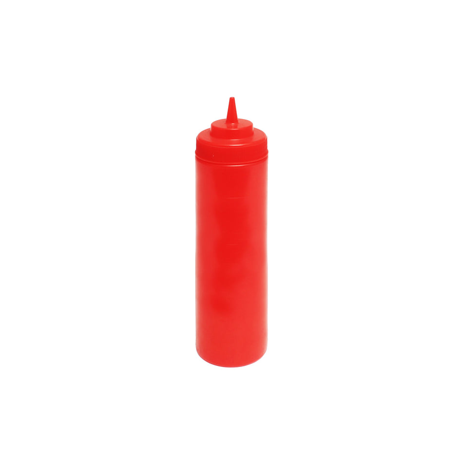 24 oz, 2-3/4" Diameter x 9-3/8" Height, Wide-Mouth Squeeze Bottle, Red Color (6PC/PK), Polyethylene Bottle with Polypropylene Cap, Temperature withhold for Cap: 194˚F, Easy Cleaning and Refilling, Temperature withhold for Bottle: 158˚F