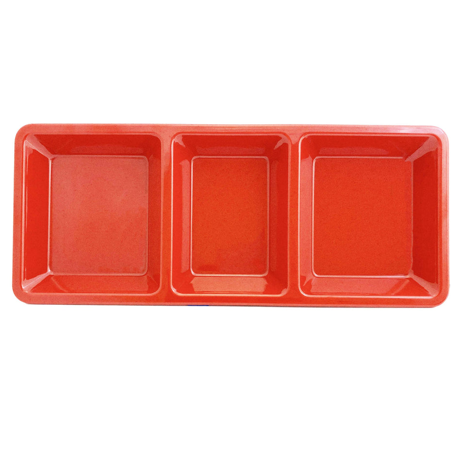 28 oz, 15" x 6-1/4" x 1-3/8", Rectangular 3-Section Tray, Passion Red, Melamine, BPA Free, Dishwasher Safe, Break-Resistant, Shatter-Resistant, No Microwave, No Oven, NSF