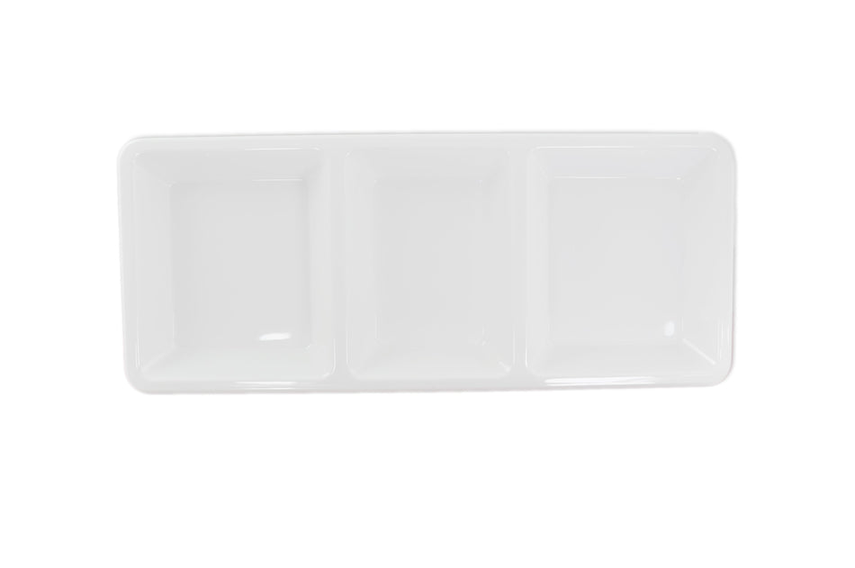 28 oz, 15" x 6-1/4" x 1-3/8", Rectangular 3-Section Tray, Passion White, Melamine, BPA Free, Dishwasher Safe, Break-Resistant, Shatter-Resistant, No Microwave, No Oven, NSF