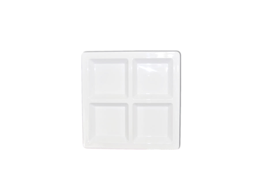 60 oz, 13-1/2" x 13-1/2" x 1-3/8", Square 4-Section Tray, Passion White, Melamine, BPA Free, Dishwasher Safe, Break-Resistant, Shatter-Resistant, No Microwave, No Oven, NSF