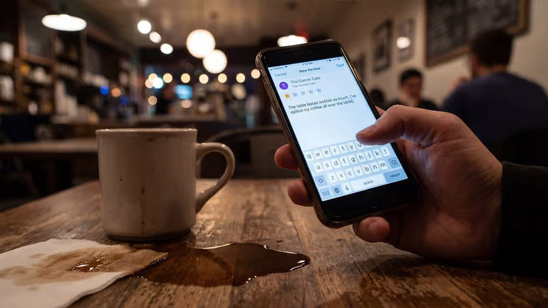 One-star online review complaining about a wobbly restaurant table