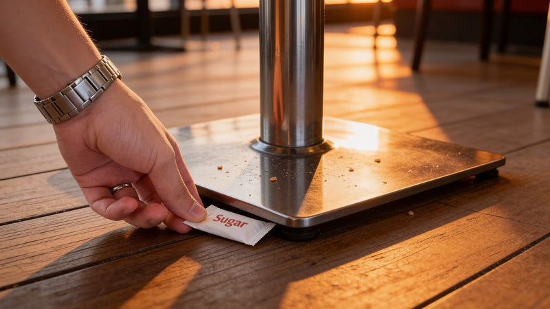 Folded sugar packet wedged under a restaurant table leg as a makeshift shim