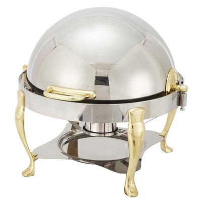 Winco 308A 6 Quarts Round Chafer Roll Top Brass Handles Stainless Steel with Mirror Finish