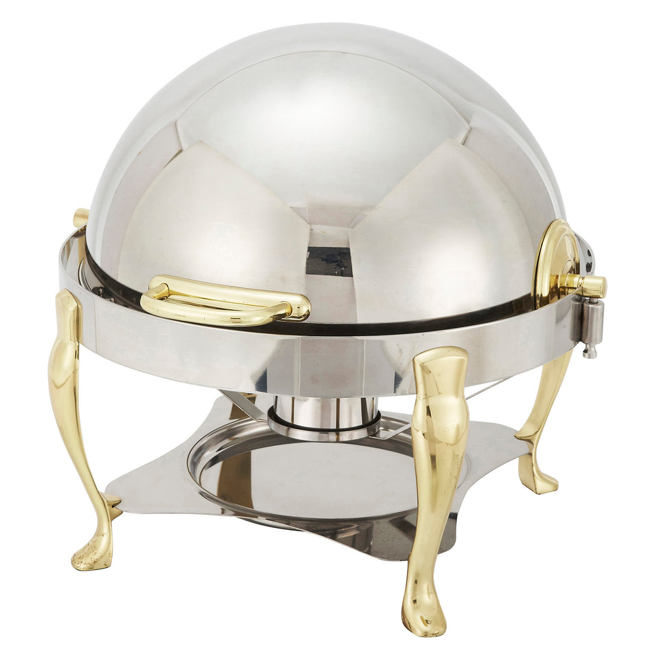 Winco 308A 6 Quarts Round Chafer Roll Top Brass Handles Stainless Steel with Mirror Finish