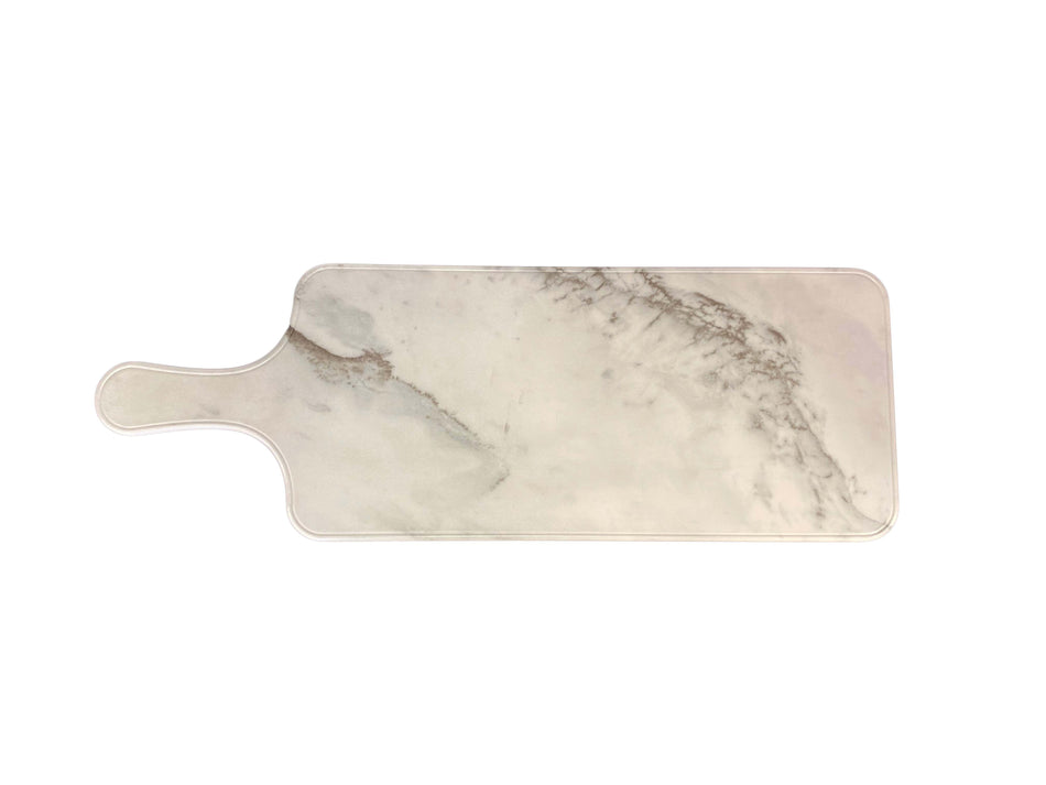 12-7/8" x 5-7/8" x 1/2", Serving Board with 4-1/8" Handle Length, Faux Marble, White Shadow, Melamine, BPA Free, Dishwasher Safe, Break-Resistant, Shatter-Resistant, No Microwave, No Oven, NSF