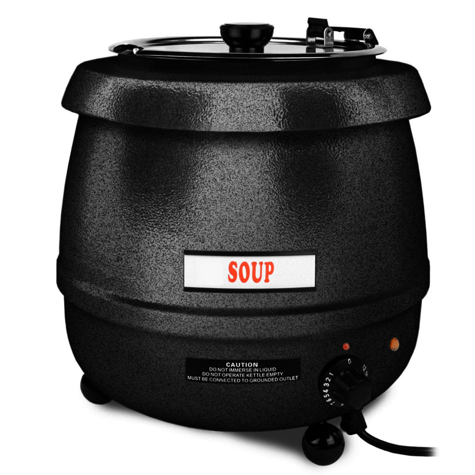 10-1/2 qt, 12-5/8" Diameter x 14-1/2" Height, Electric Soup Warmer, Black Color, Aluminum Epoxy Coated Casing with Stainless Steel 18-8 Liner and Hinged Lid, Voltage:  110V-120V/60Hz, Wattage:  475 W, Maximum Temperature: 175°F, UL, ETL, NSF