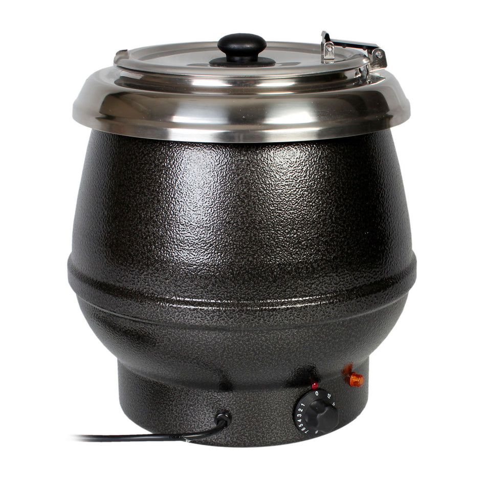 10 qt, 13" Diameter x 14-1/2" Height, Electric Soup Warmer, Black Color, Aluminum Epoxy Coated Casing with Stainless Steel 18-8 Liner and Hinged Lid, Voltage:  110V-120V/60Hz, Wattage:  600 W, Maximum Temperature: 175°F, NSF