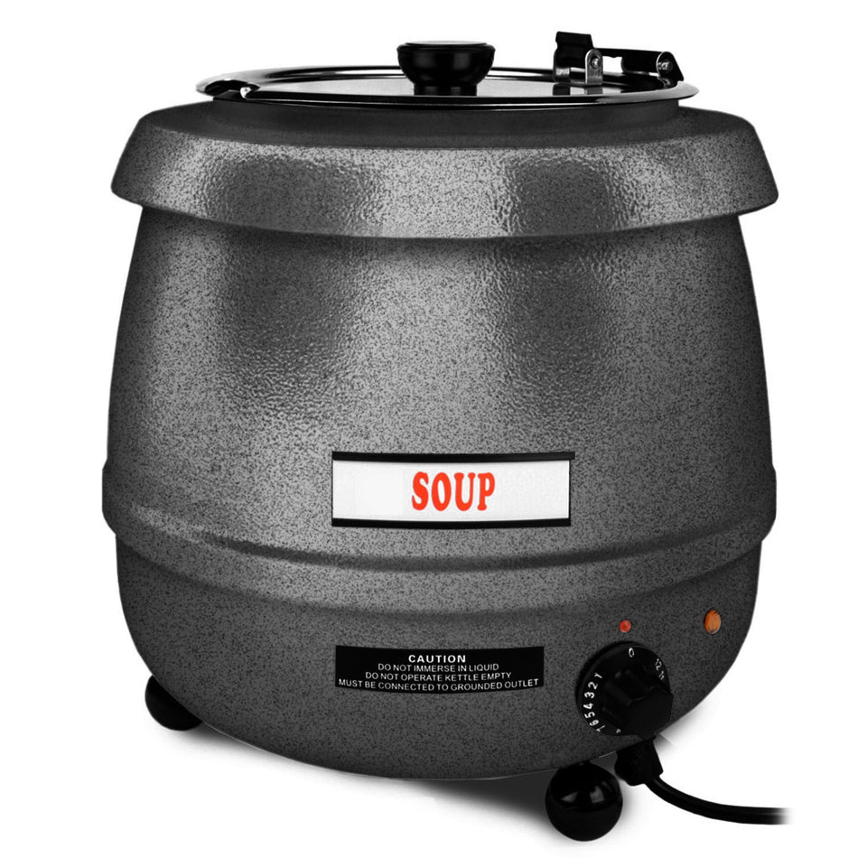 10-1/2 qt, 12-5/8" Diameter x 14-1/2" Height, Electric Soup Warmer, Silver Color, Aluminum Epoxy Coated Casing with Stainless Steel 18-8 Liner and Hinged Lid, Voltage:  110V-120V/60Hz, Wattage:  475 W, Maximum Temperature: 175°F, UL, ETL, NSF