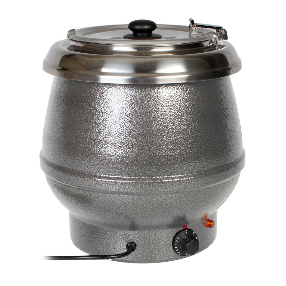 10 qt, 13" Diameter x 14-1/2" Height, Electric Soup Warmer, Silver Color, Aluminum Epoxy Coated Casing with Stainless Steel 18-8 Liner and Hinged Lid, Voltage:  110V-120V/60Hz, Wattage:  600 W, Maximum Temperature: 175°F, NSF