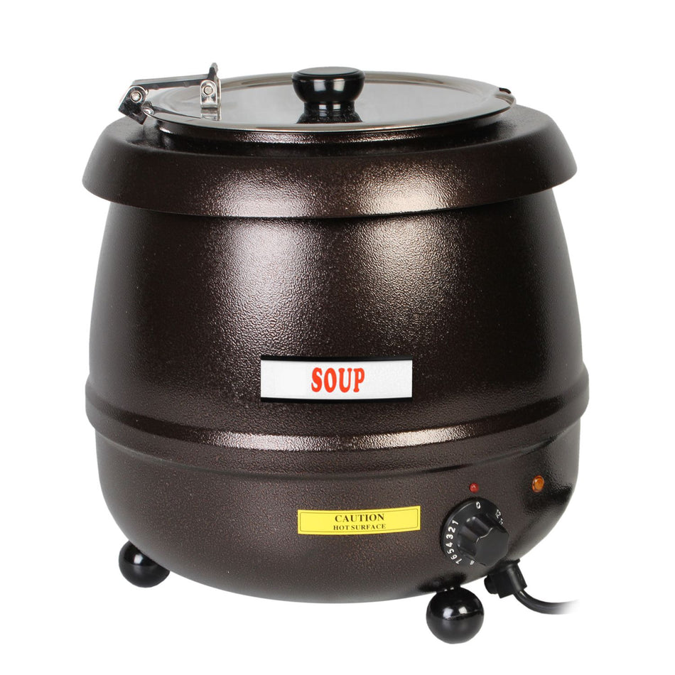 10-1/2 qt, 12-5/8" Diameter x 14-1/2" Height, Electric Soup Warmer, Brown Color, Aluminum Epoxy Coated Casing with Stainless Steel 18-8 Liner and Hinged Lid, Voltage:  110V-120V/60Hz, Wattage:  475 W, Maximum Temperature: 175°F, UL, ETL, NSF