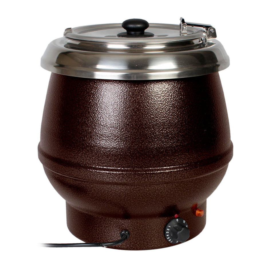 10 qt, 13" Diameter x 14-1/2" Height, Electric Soup Warmer, Brown Color, Aluminum Epoxy Coated Casing with Stainless Steel 18-8 Liner and Hinged Lid, Voltage:  110V-120V/60Hz, Wattage:  600 W, Maximum Temperature: 175°F, NSF