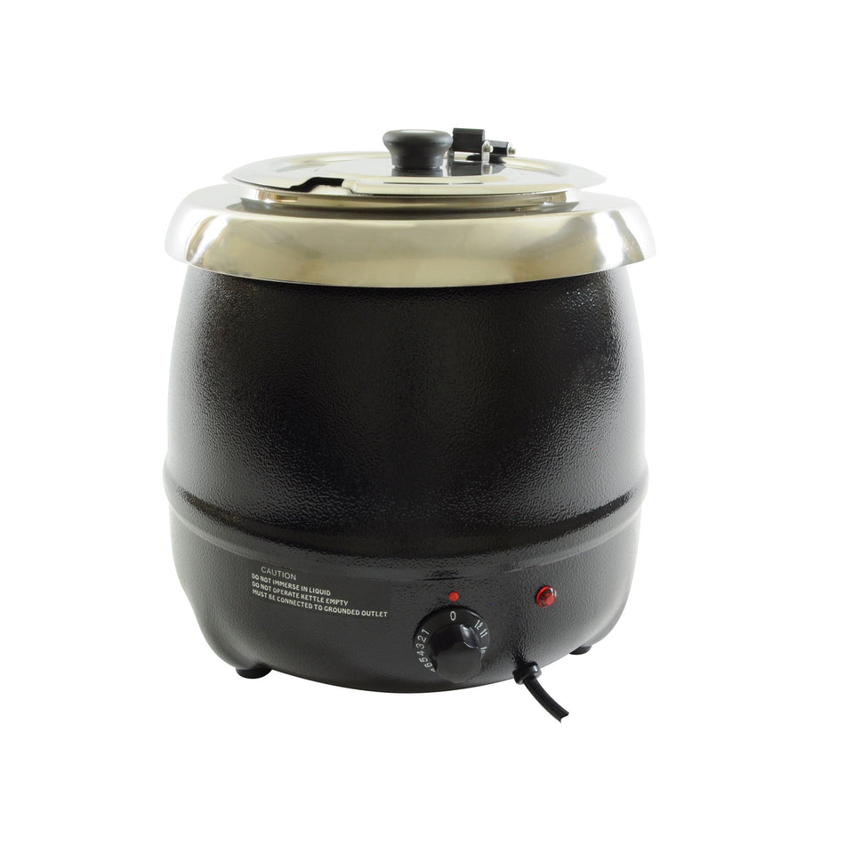 10-1/2 qt, 13-1/5" Diameter x 13-7/9" Height, Electric Soup Warmer, Black Color, Iron Casing with Stainless Steel Insert, Aluminum Water Pan, Voltage:  110V-120V/60Hz, Wattage:  400 W, Maximum Temperature: 185°F, ETL