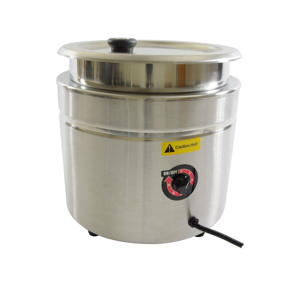 10-1/2 qt, 12-3/5" Diameter x 13" Height, Electric Soup and Food Warmer, Stainless Steel Casing & Interior Liner, Voltage:  120V/60Hz, Dishwasher Safe, Wattage:  800 W, Maximum Temperature: 185°F, ETL