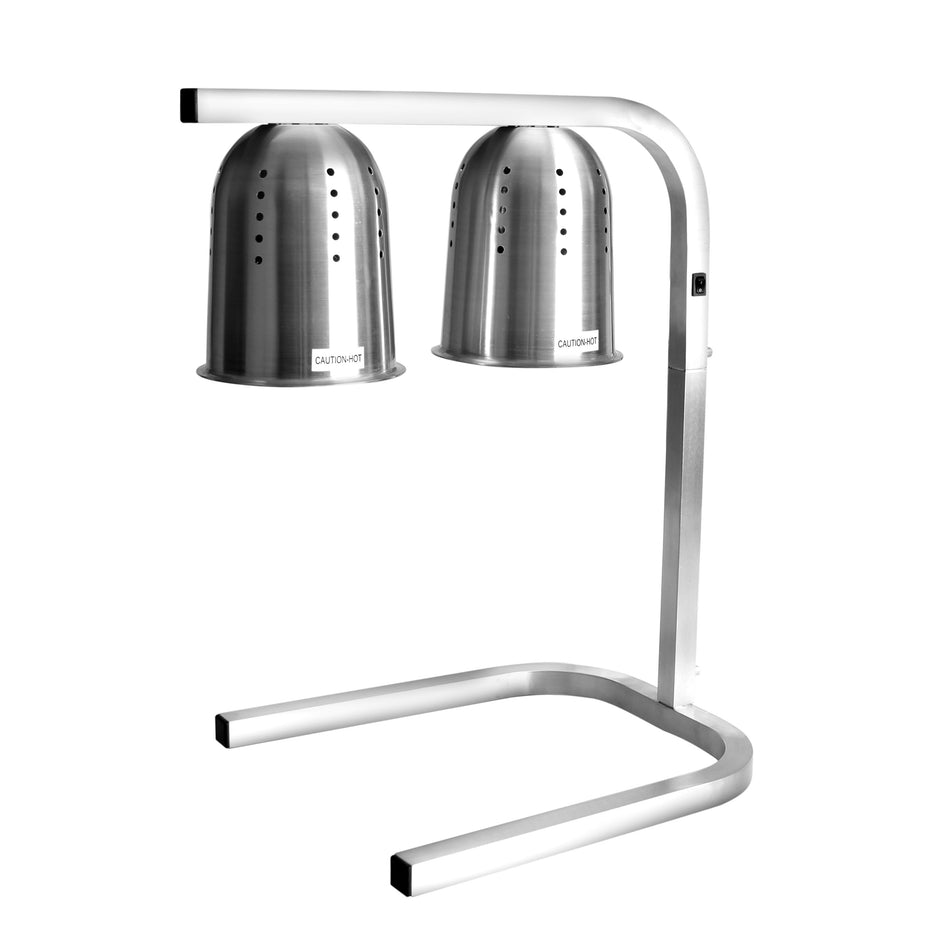 19-1/2" x 13-1/2" x 23" Freestanding Dual Heat Lamp, Comes with two shatter-proof 250 Watt food safe clear Color bulbs, Stainless Steel, 14 Gauge Frame with 6 ft Long power cord, Voltage:  120V/60Hz, ETL, Ships in knock-down package
