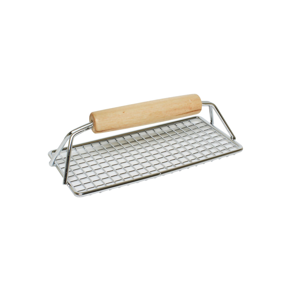 8"x 4", Bacon Press, Chrome Plated Steel with Wooden Handle