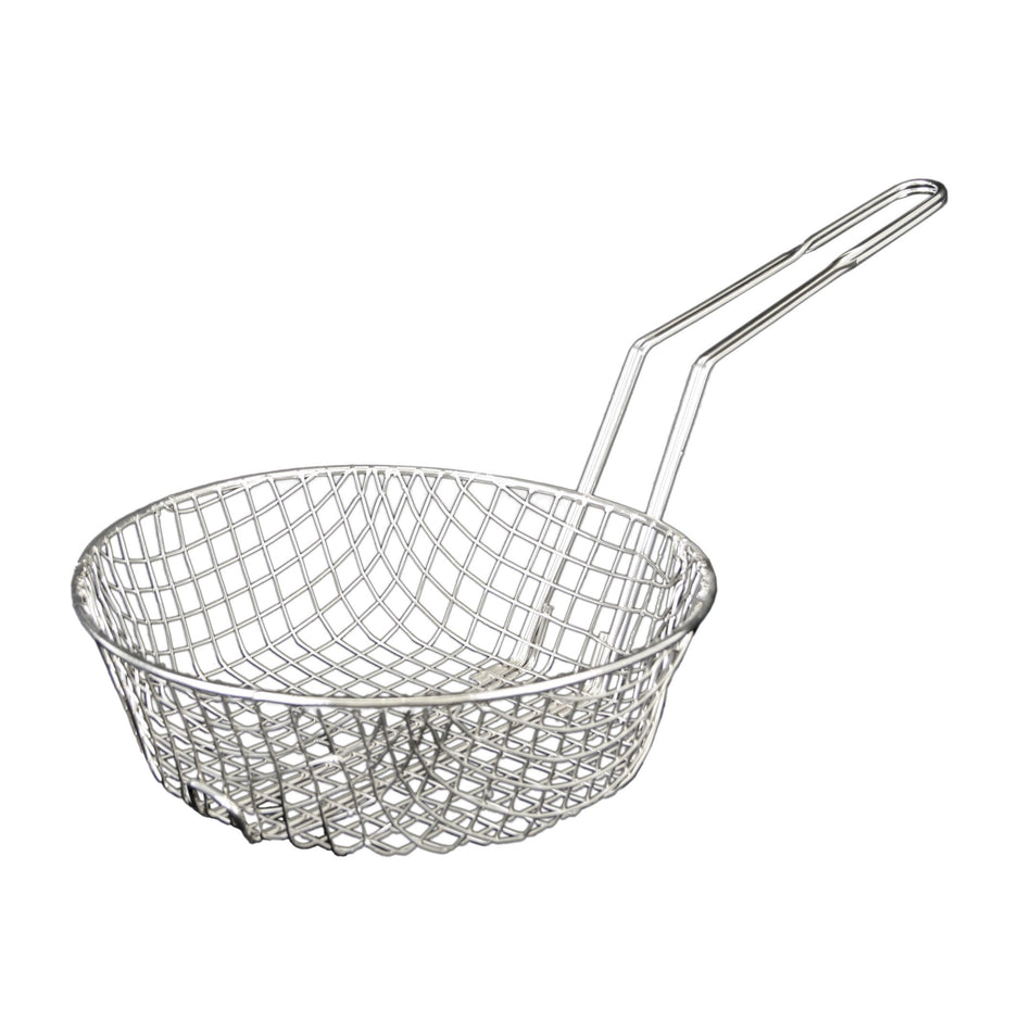 8" Diameter x 3" Height, 9-1/8" Handle Length, Round Coarse Mesh Culinary Basket, Nickle Plated Wire Frame with Secured Welded Handle, Great for Stove Top Deep-Frying