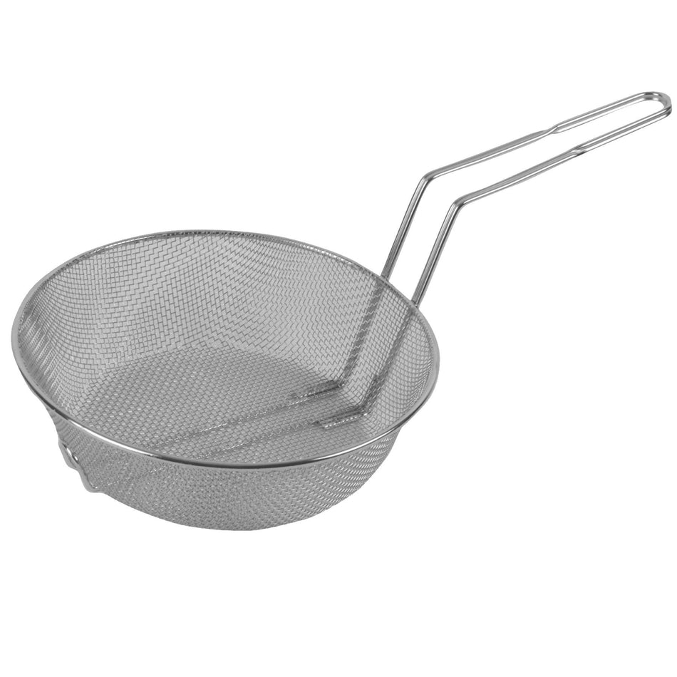 10" Diameter x 3" Height, 9-1/8" Handle Length, Round Fine Mesh Culinary Basket, Nickle Plated Wire Frame with Secured Welded Handle, Great for Stove Top Deep-Frying