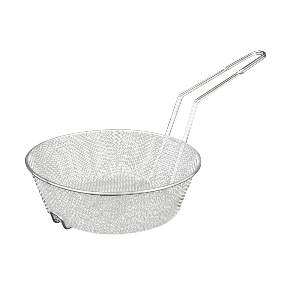 12" Diameter x 3" Height, 9-1/8" Handle Length, Round Fine Mesh Culinary Basket, Nickle Plated Wire Frame with Secured Welded Handle, Great for Stove Top Deep-Frying