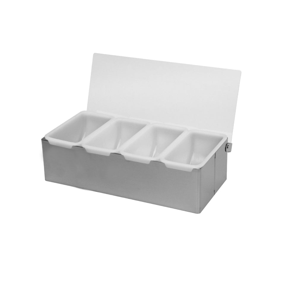 12" x 5-7/8" x 3-1/2", 4 Compartment Condiment Dispenser, Stainless Steel Body with Acrylic Hinged White Color Lid