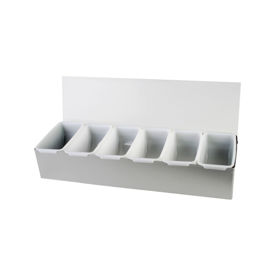 17-7/8" x 5-7/8" x 3-1/2", 6 Compartment Condiment Dispenser, Stainless Steel Body with Acrylic Hinged White Color Lid