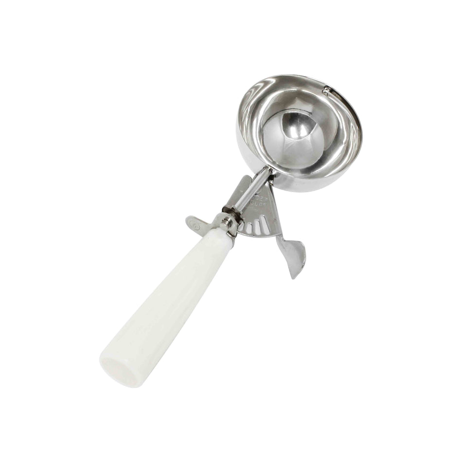 5-1/3 oz, No. 6,  9" x 3-1/8" x 1-7/8", Ice Cream Disher, White Color, Stainless Steel 18/8, 304 Material, Polypropylene Handle, Color Coded, Dishwasher Safe, Accurate Portion, Easy to Clean, NSF