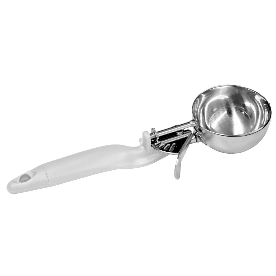 5-1/3 oz, No. 8, 10-5/8" x 3-1/4" x 1-3/4", Lever Disher, White Color, Stainless Steel 18/8, 304 Material, Polypropylene Ergonomic Handle, Color Coded, Dishwasher Safe, Accurate Portion, Easy to Clean, NSF