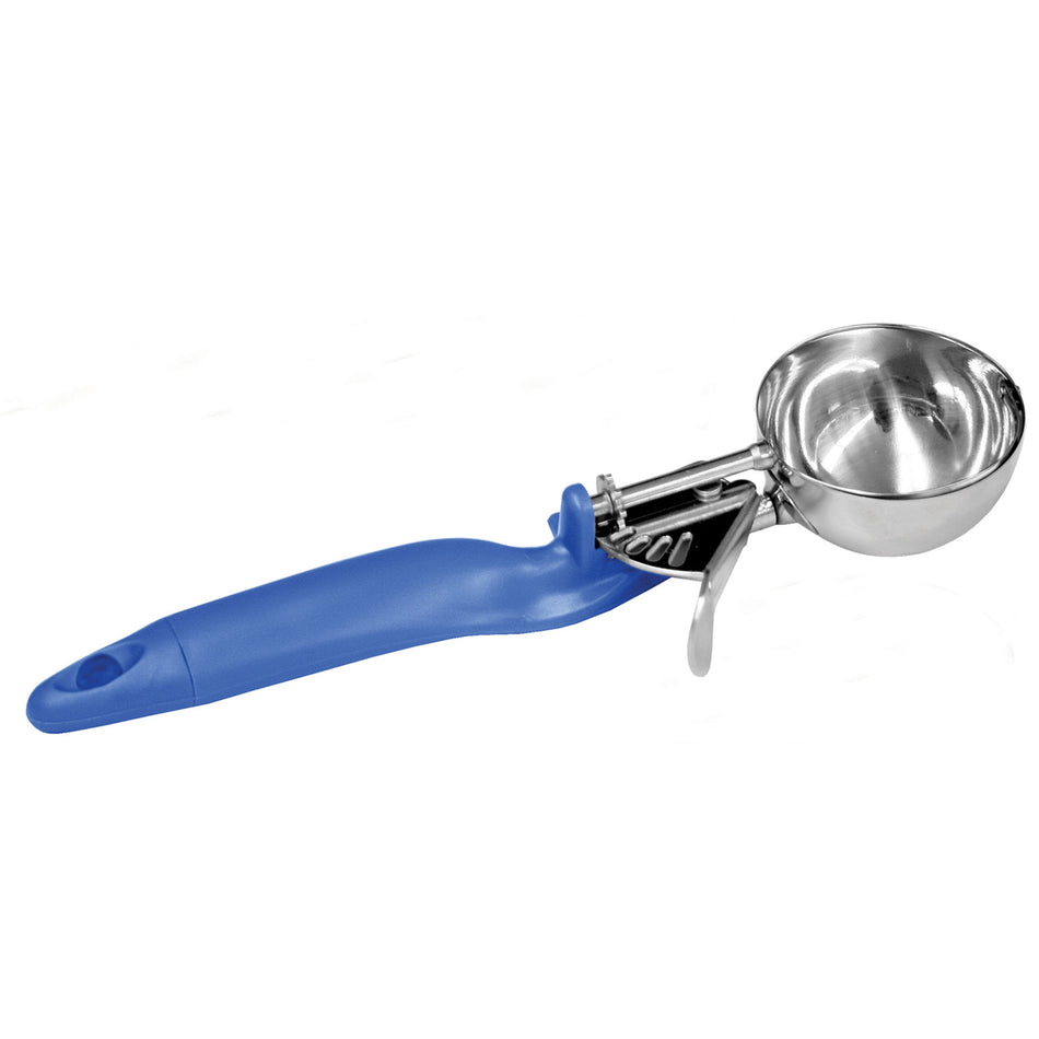 2 oz, 9-3/4" x 2-1/4" x 1-1/2", Lever Disher, Blue Color, Stainless Steel 18/8, 304 Material, Polypropylene Ergonomic Handle, Color Coded, Dishwasher Safe, Accurate Portion, Easy to Clean, NSF