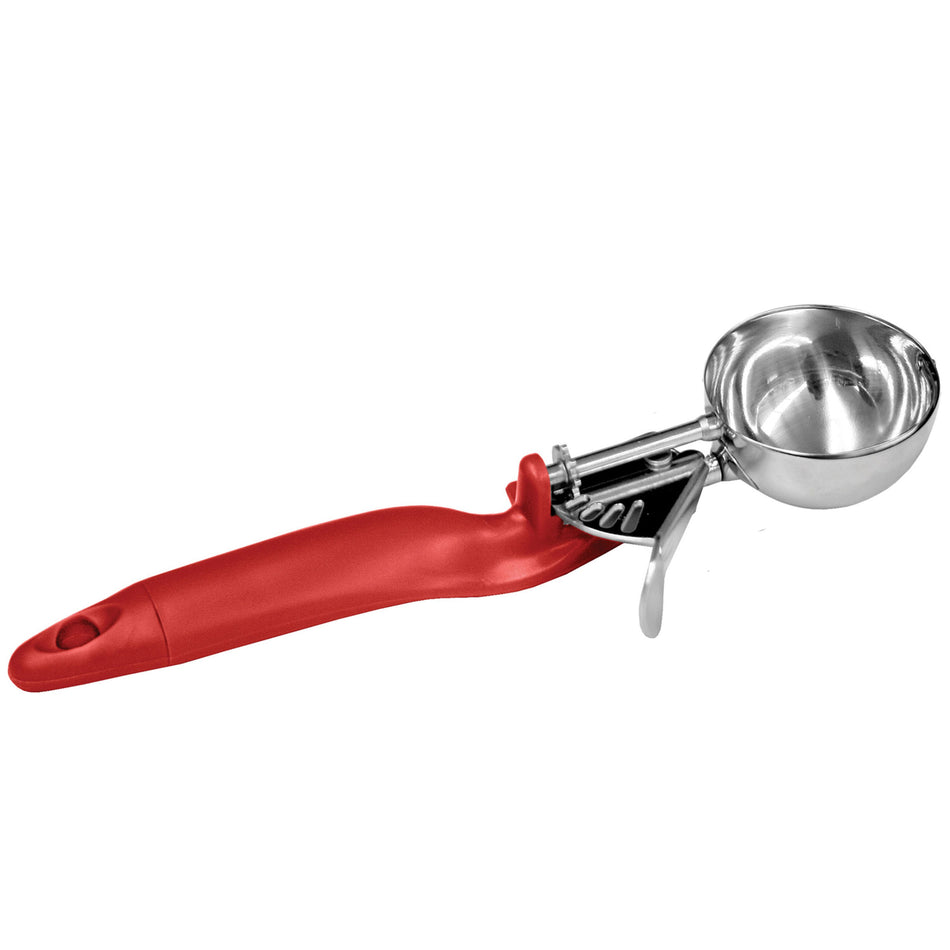 1-1/3 oz, No. 24, 9-1/2" x 3" x 1-3/8", Lever Disher, Red Color, Stainless Steel 18/8, 304 Material, Polypropylene Ergonomic Handle, Color Coded, Dishwasher Safe, Accurate Portion, Easy to Clean, NSF