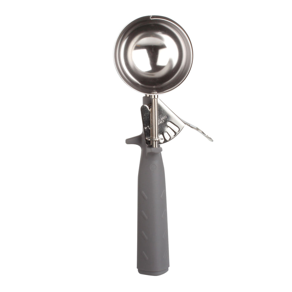 4 oz, No. 8, 9-1/2" x 3-1/8" x 1-1/2", Disher, Gray Color, Stainless Steel 18/8, 304 Material with Polypyrene Triangle Handle, Color Coded, Dishwasher Safe, One-Piece Construction, Accurate Portion, Easy to Clean, NSF