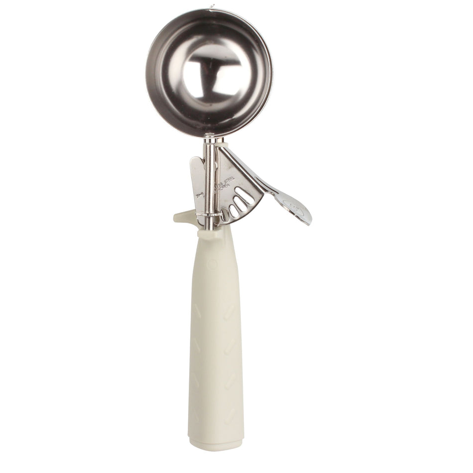3-1/4 oz, No. 10, 9-5/8" x 3-1/8" x 1-1/2", Disher, Ivory Color, Stainless Steel 18/8, 304 Material with Polypyrene Triangle Handle, Color Coded, Dishwasher Safe, One-Piece Construction, Accurate Portion, Easy to Clean, NSF