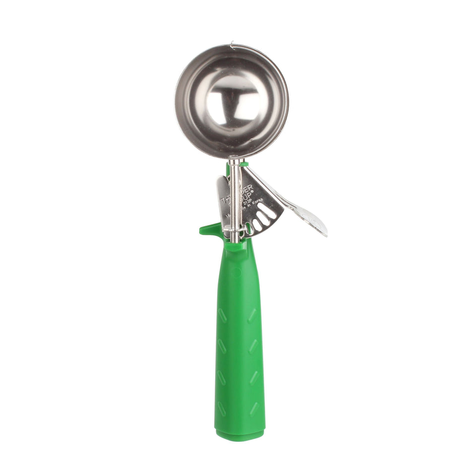 2-2/3 oz, No. 12, 9-1/4" x 3-1/8" x 1-1/2", Disher, Green Color, Stainless Steel 18/8, 304 Material with Polypyrene Triangle Handle, Color Coded, Dishwasher Safe, One-Piece Construction, Accurate Portion, Easy to Clean, NSF