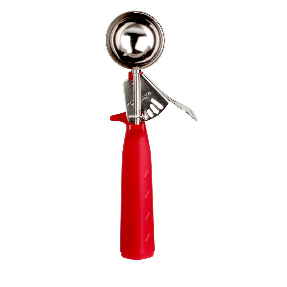 1-1/3 oz, No. 24, 8-5/8" x 3" x 1-3/8", Disher, Red Color, Stainless Steel 18/8, 304 Material with Polypyrene Triangle Handle, Color Coded, Dishwasher Safe, One-Piece Construction, Accurate Portion, Easy to Clean, NSF