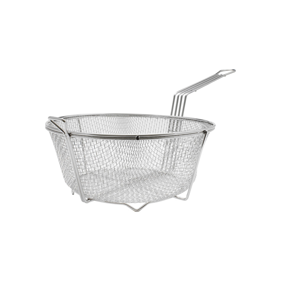 13" Diameter x 5-5/8" Height, Round Fry Basket, Nickel Plated, with Under Cross-Support, Handle Length:  11", Handle Height:  1-3/4", Front Hook:  1-3/8" Height