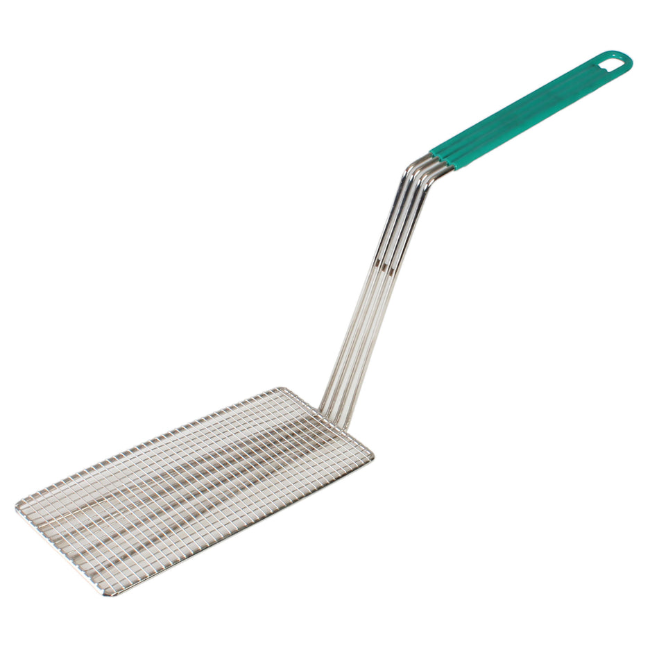 11" x 4-3/4", Fry Basket Press, Fits SLFB004 & SLFB005, Nickel Plated, with Under Cross-Support, Green Coated Handle Length:  11-1/4", Handle Height:  9-1/4"