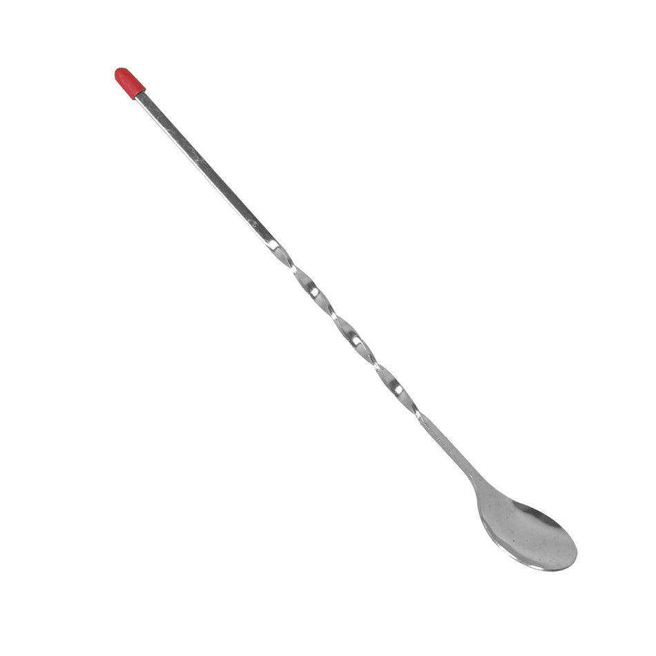 11" Length, Deluxe Bar Spoon with twirled Handle and Red rubber-coated tip, Stainless Steel