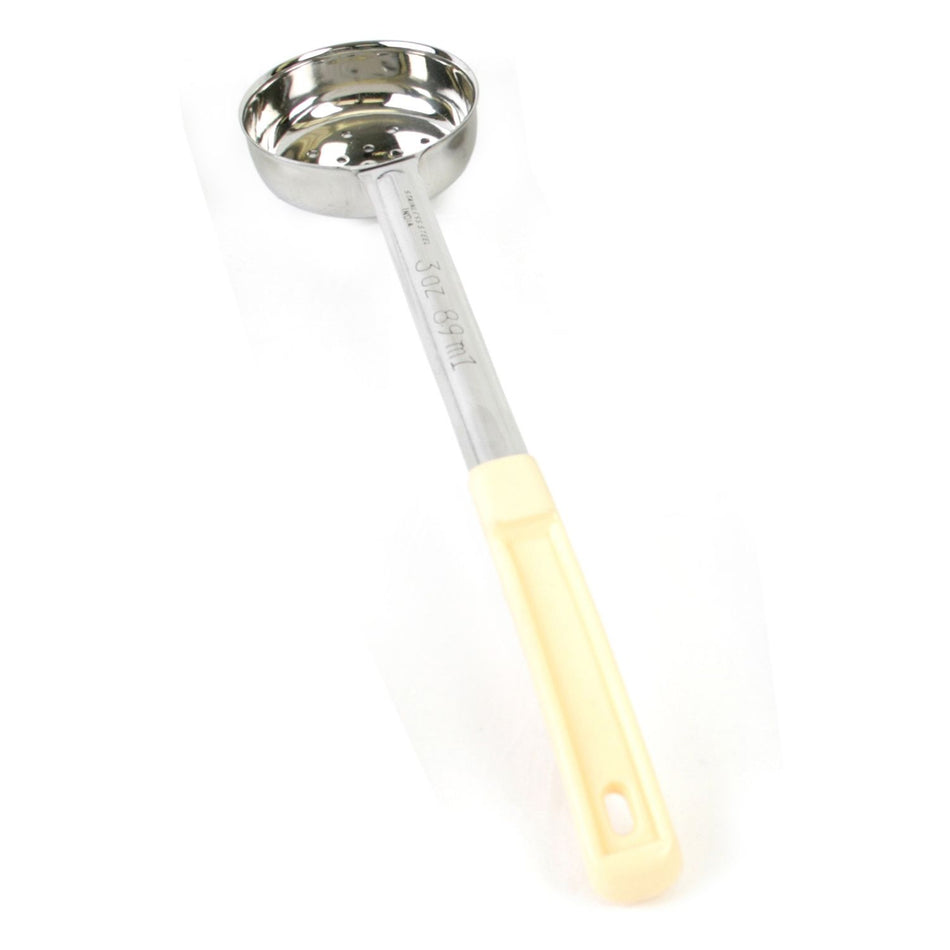 3 oz, 12-5/8" x 2-7/8" x 1-5/8", Perforated Portion Controller, Ivory Color, Stainless Steel Body (1mm Thickness) with Polypropylene Handle, Color Coded, Dishwasher Safe, Each Grip Surface, Two-Piece Construction