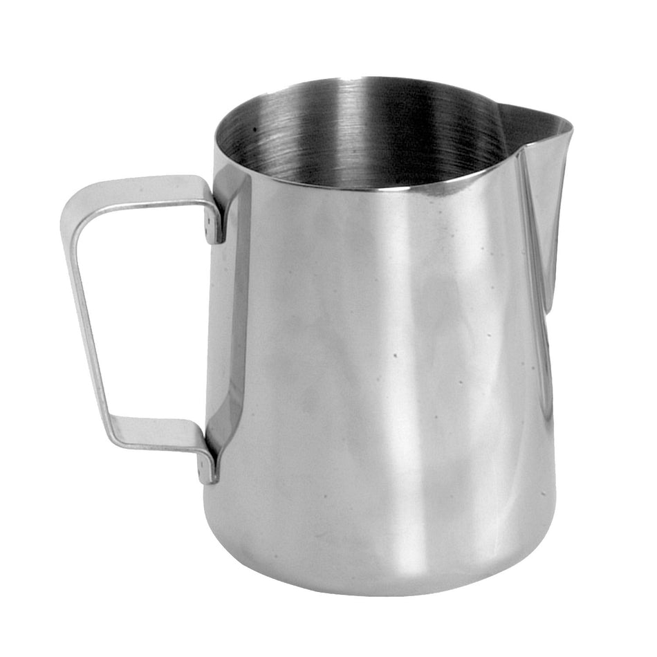 50 oz, 3-3/4" Diameter Base x 6-1/3" Height, 4-1/2" Length x 3/4" Width Handle, Frothing Milk Pitcher, Stainless Steel, Mirror Finish, 1-4/7" hand grip space