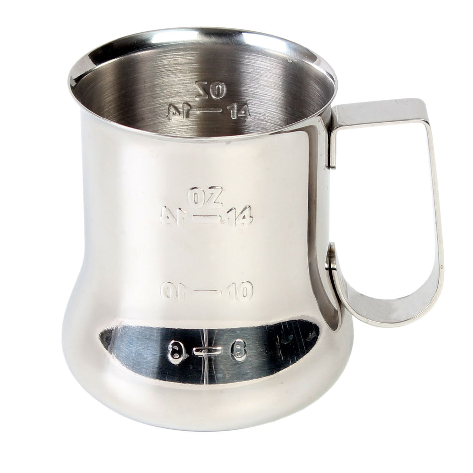 18 oz, 3-1/2" Diameter Base x 4-1/8" Height, 2-7/8" Length x 3/4" Width Handle, Expresso Milk Pitcher with Measuring Scale, Stainless Steel, Mirror Finish, 1-1/4" hand grip space