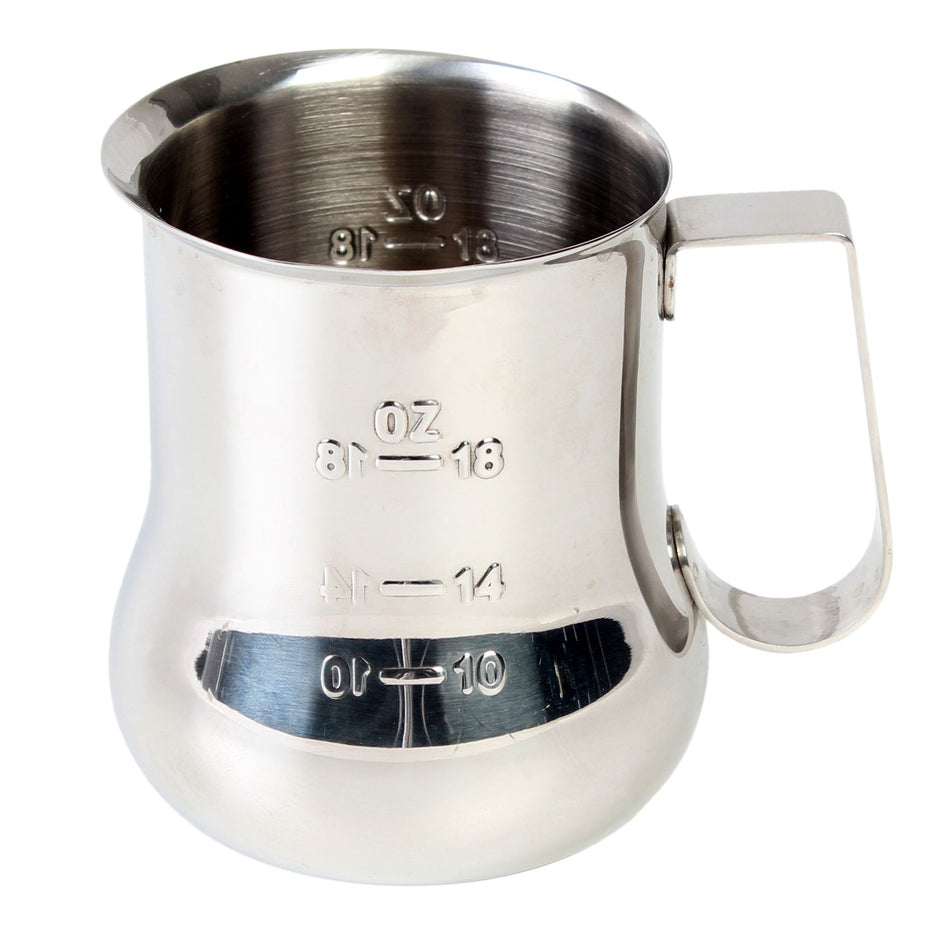 24 oz, 3-5/8" Diameter Base x 4-5/8" Height, 3-1/8" Length x 3/4" Width Handle, Expresso Milk Pitcher with Measuring Scale, Stainless Steel, Mirror Finish, 1-1/4" hand grip space