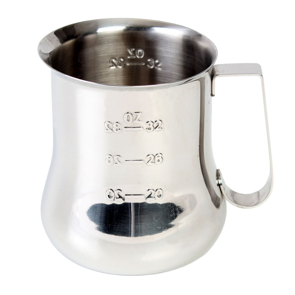 40 oz, 4-1/4" Diameter Base x 5-1/2" Height, 3-2/3" Length x 2/3" Width Handle, Expresso Milk Pitcher with Measuring Scale, Stainless Steel, Mirror Finish, 1-1/8" hand grip space