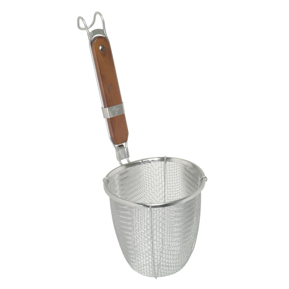 5-1/2" Diameter x 5-7/8" Height, Noodle Skimmer, Stainless Steel Mesh with 8-7/8" Flat Wooden Handle