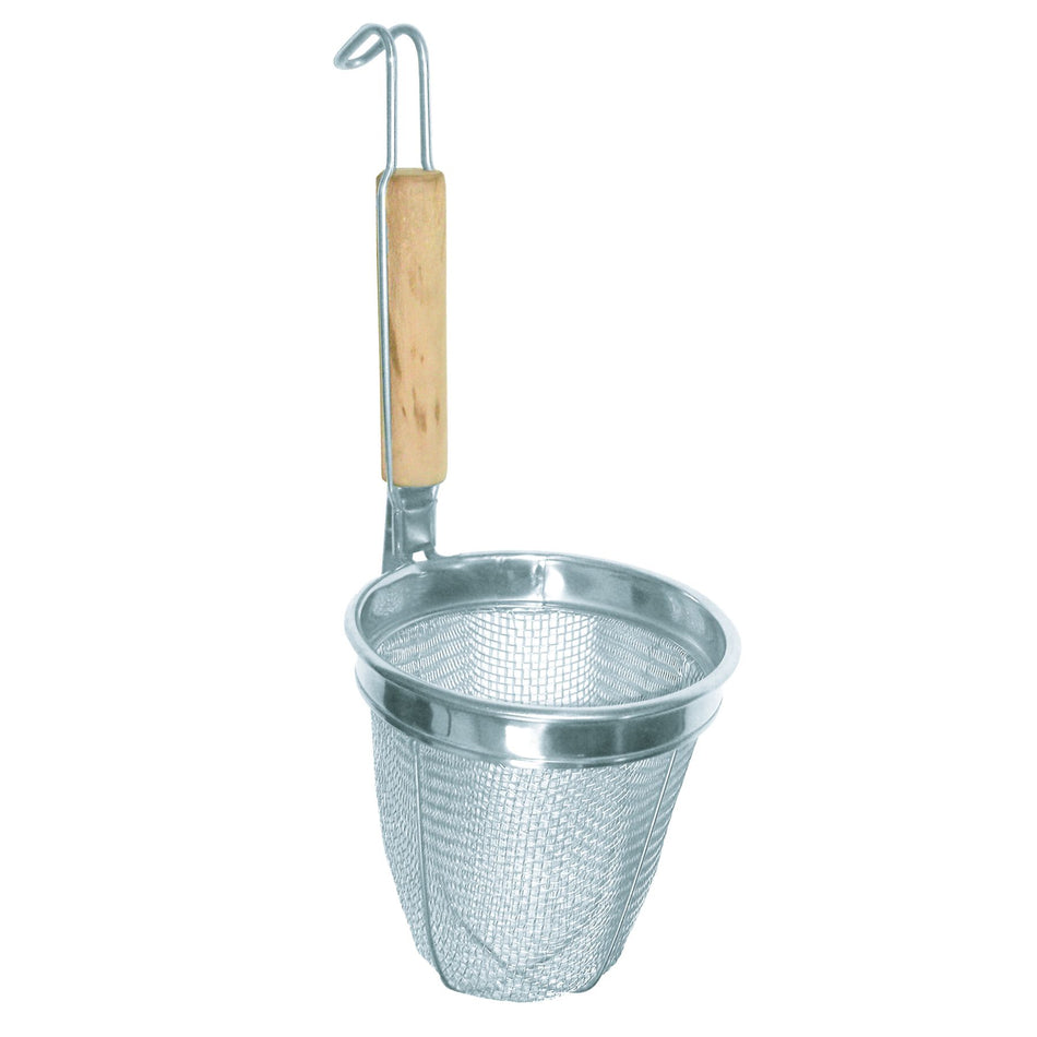 5-1/2" Diameter x 5-3/8" Height, Noodle Skimmer, Stainless Steel Mesh with 8-1/8" Round Wooden Handle